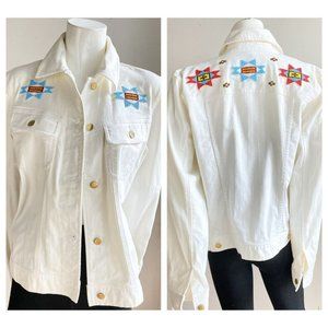 Lauren Jeans Company White Denim Beaded Detail Boho Jacket L